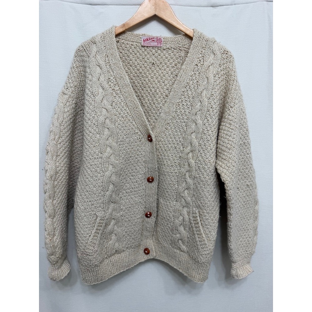 Vintage Folklore Hand Made Ecuador 100% Wool Cable Knit Cardigan Sweater Large